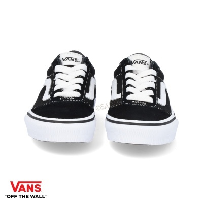 Sapatilhas Vans pretas e brancas com atacadores brancos e sola branca