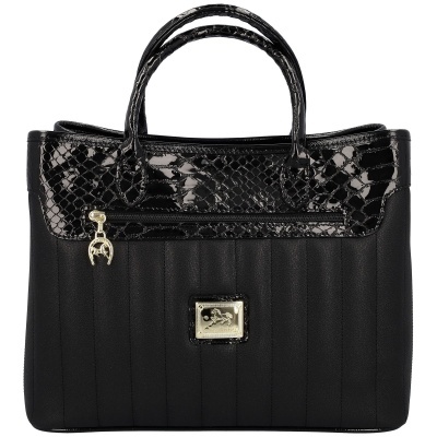 Mala preta de senhora com padrão de pele de cobra sintética e fecho metálico