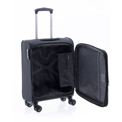 Mala de viagem preta aberta com rodas e puxador telescópico