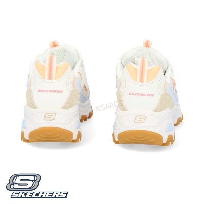 Ténis Skechers brancos com detalhes coloridos e sola castanha vistos de trás