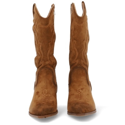 Botas de camurça castanha com cano alto e costuras decorativas