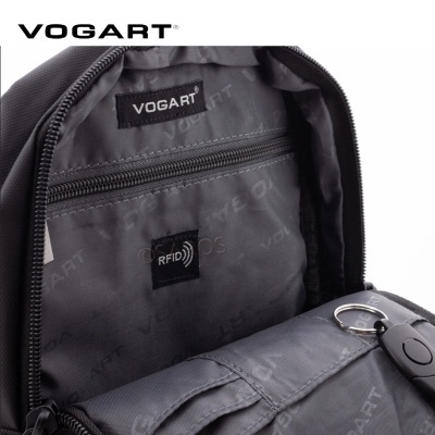 Interior da mochila Vogart cinza escuro com bolso, etiqueta e símbolo RFID