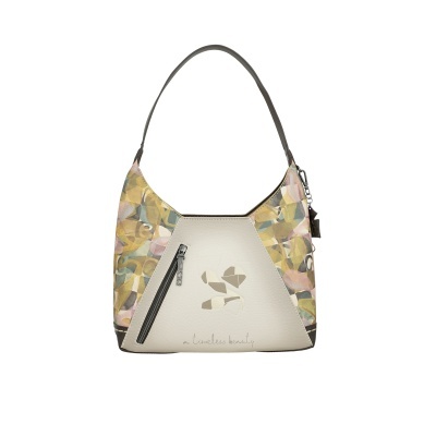 Mala de mão bege com padrão colorido e fecho zipper diagonal