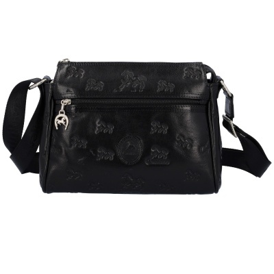 Mala preta de tiracolo com textura em relevo e fecho frontal