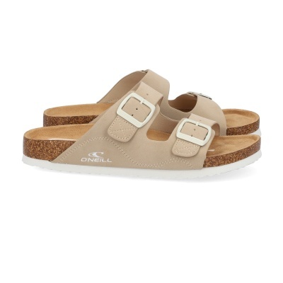 Sandálias rasas femininas bege com fivelas e sola branca