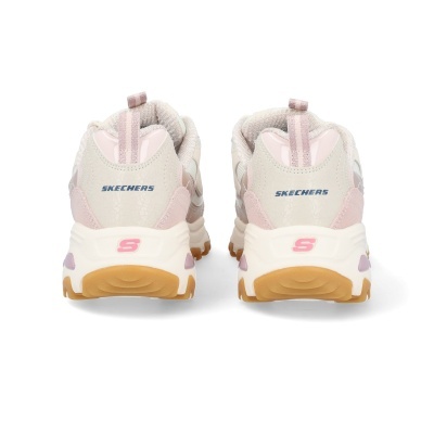 Sapatilhas Skechers bege e rosa vistas por trás