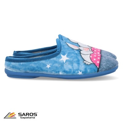 Pantufa feminina azul com coelho e estrelas