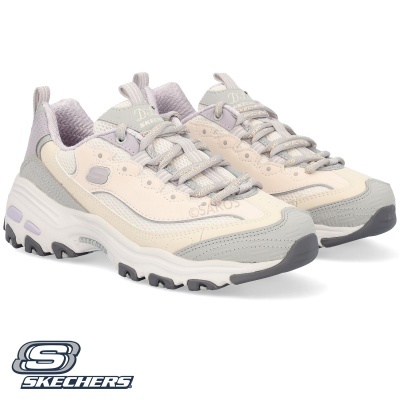 Ténis Skechers cinza bege lilás com sola branca e atacadores cinza