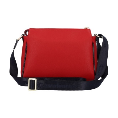 Mala feminina vermelha com alça preta e fivelas douradas