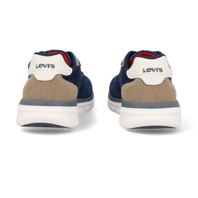 Sapatilhas Levis azuis, bege e brancas vistas de trás com logo Levis.