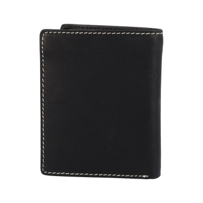 Carteira preta em couro com costura branca nas bordas sobre fundo branco