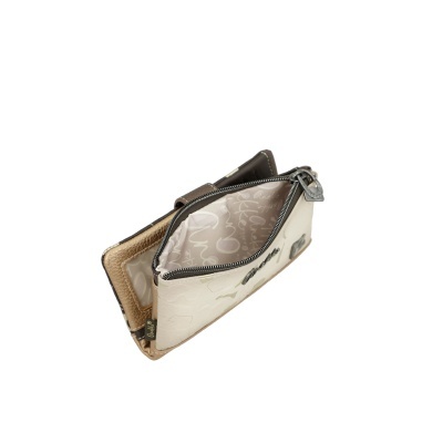 Carteira bifold bege e castanha com fecho zipper e interior estampado