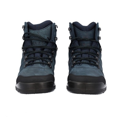 Botas de caminhada azul escuro com sola preta e cadarços pretos