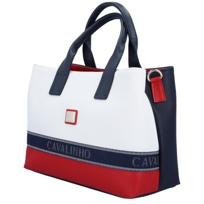 Mala de mão tri-color Cavalinho com alças azuis escuras.