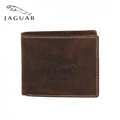 Carteira de couro castanho com logo JAGUAR e costuras brancas