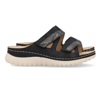 Sandálias pretas de senhora com tiras ajustáveis e detalhe padrão cobra