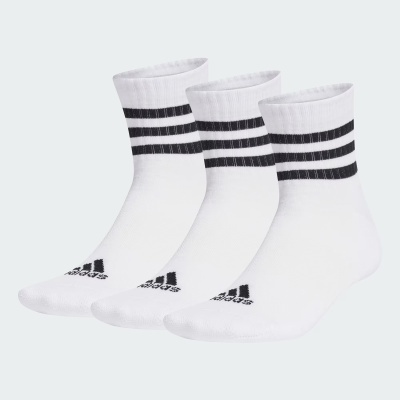 Três meias desportivas brancas com riscas pretas e logo Adidas