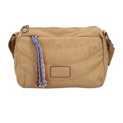 Mala tiracolo bege acolchoada com fecho de correr e puxador azul e cor-de-rosa