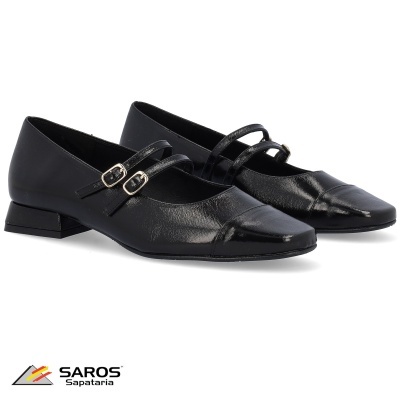 Sapatos femininos pretos de couro com tiras e fivelas, salto baixo