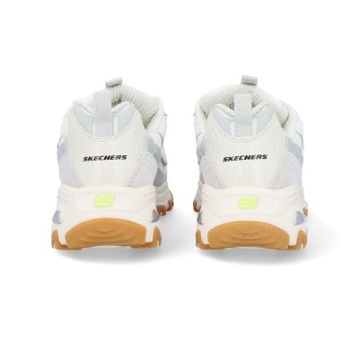 Ténis Skechers brancos e cinza, vista traseira com sola castanha e detalhes amarelos