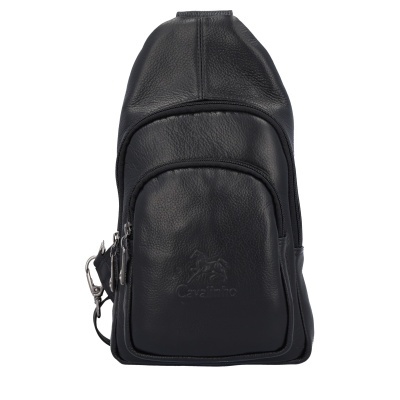 Mochila tipo sling preta em couro com fechos e logotipo Carabinero