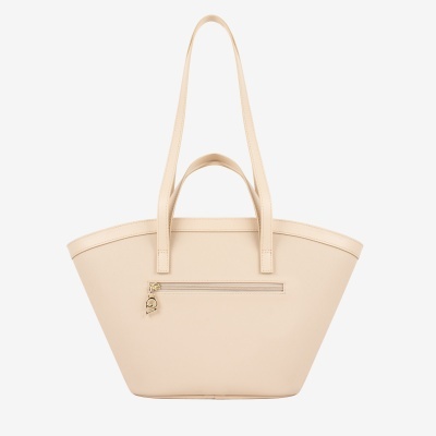 Mala tote bege com alças creme e fecho dourado