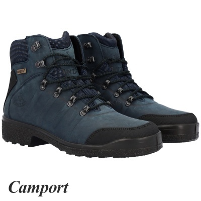 Botas de caminhada azuis escuras com sola preta e atacadores pretos