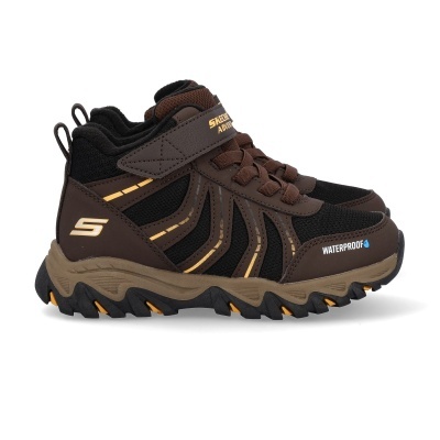 Sapatilhas impermeáveis Skechers Adventure pretas e castanhas com velcro e sola robusta.