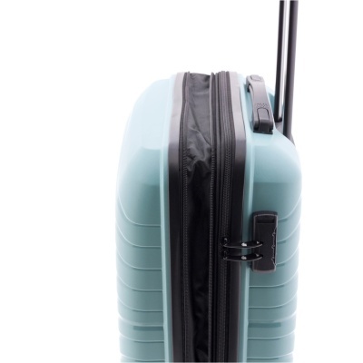 Mala de viagem rígida azul clara com fecho preto e alça retrátil