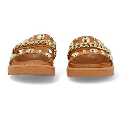 Chinelos castanho claro com detalhes em dourado e sola espessa