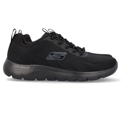 Ténis desportivos pretos Skechers com sola preta e logo S na lateral
