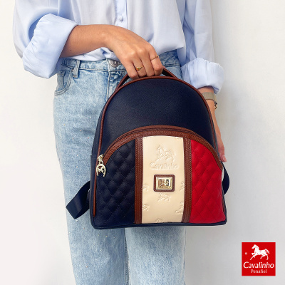 Mochila Cavalinho preta, bege e vermelha com detalhes castanhos e símbolo de cavalo