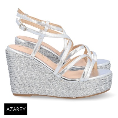 Sandálias de cunha prateadas com tiras finas e sola trançada cinza claro