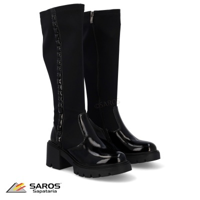 Botas pretas femininas de cano alto com salto largo e sola grossa