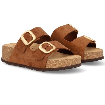 Sandálias castanhas de camurça com fivelas douradas e sola de cortiça