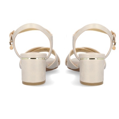 Sandálias femininas bege claro com salto médio e tira ajustável no tornozelo