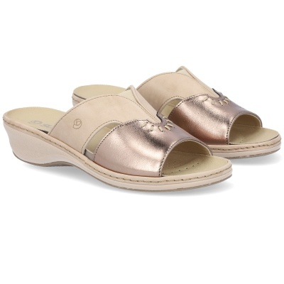 Chinelos femininos dourados metálicos com detalhes em bege e sola creme