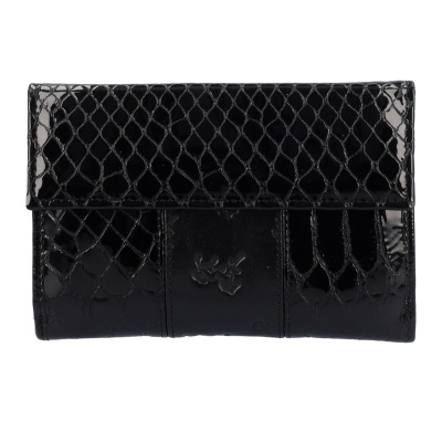 Carteira preta com padrão pele de crocodilo e relevo de pássaro