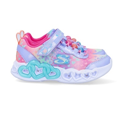 Sapato infantil rosa lilás com sola branca decorada com corações azuis