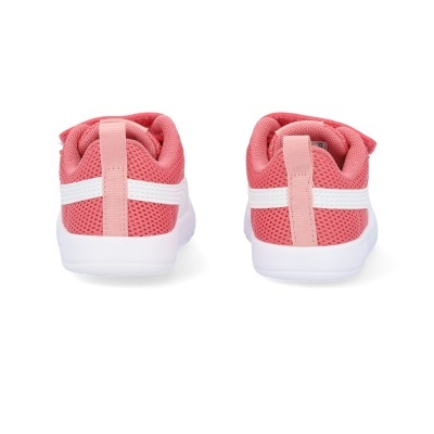 Sapatilhas cor de rosa infantis vistas de trás com faixa branca e sola branca