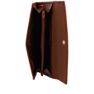 Carteira castanha em material sintético com fecho de botão dourado e compartimento interior com fecho de correr