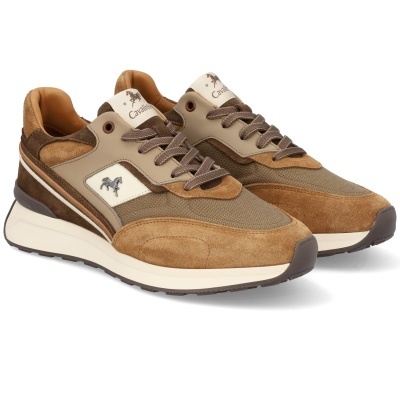 Sapatilhas castanhas com detalhes em camurça e tecido, logo 'Cavallo' na língua