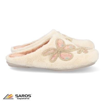 Chinelos de senhora bege felpudos com flores bordadas