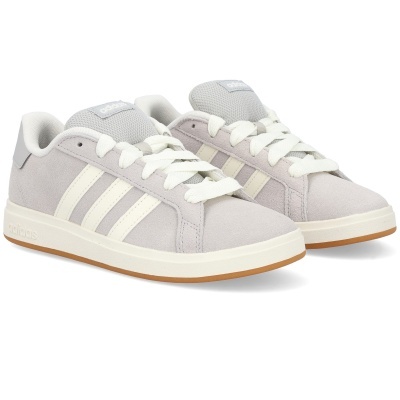 Par de sapatilhas Adidas cinza claro com riscas creme e sola branca