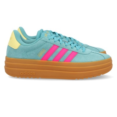 Ténis adidas azul-turquesa com riscas cor-de-rosa e sola castanha