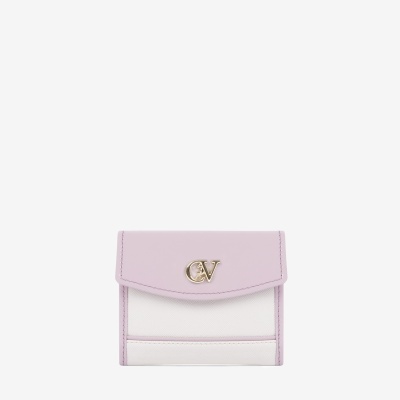 Carteira pequena bicolor branca e lilás com logo dourado CV