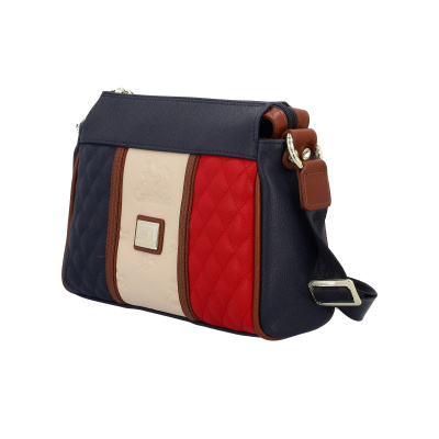 Mala de ombro azul, vermelho e bege com detalhes castanhos e logotipo Cavalinho