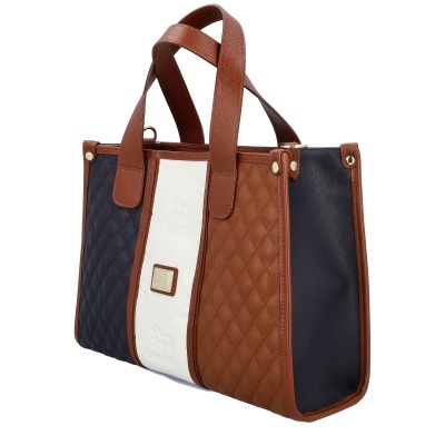 Mala de mão tricolor com couro castanho, tecido azul e painel branco com logótipo Cavalinho.