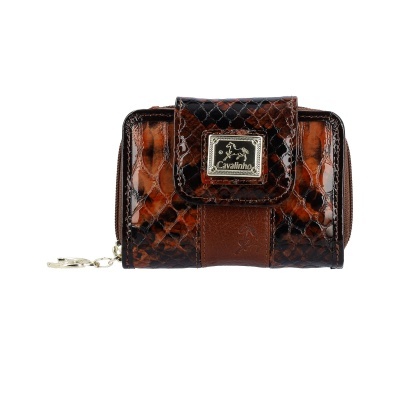 Carteira castanha com padrão escamado preto e castanho, com fecho e placa 'Cavalinho'