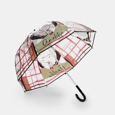 Guarda-chuva transparente com padrão quadriculado e desenhos femininos